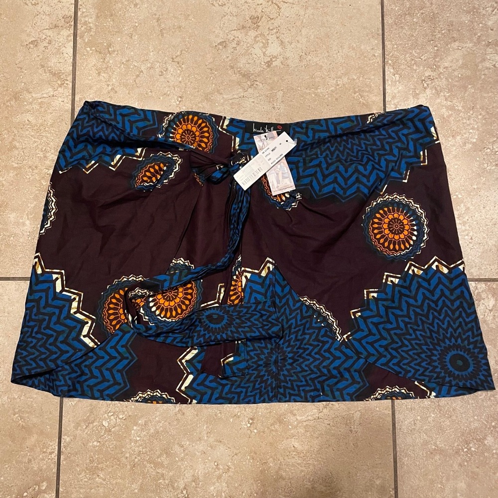 Nicole Miller Indego Africa Print‎ Sarong Cover Up Skirt Brown Blue Orange plus